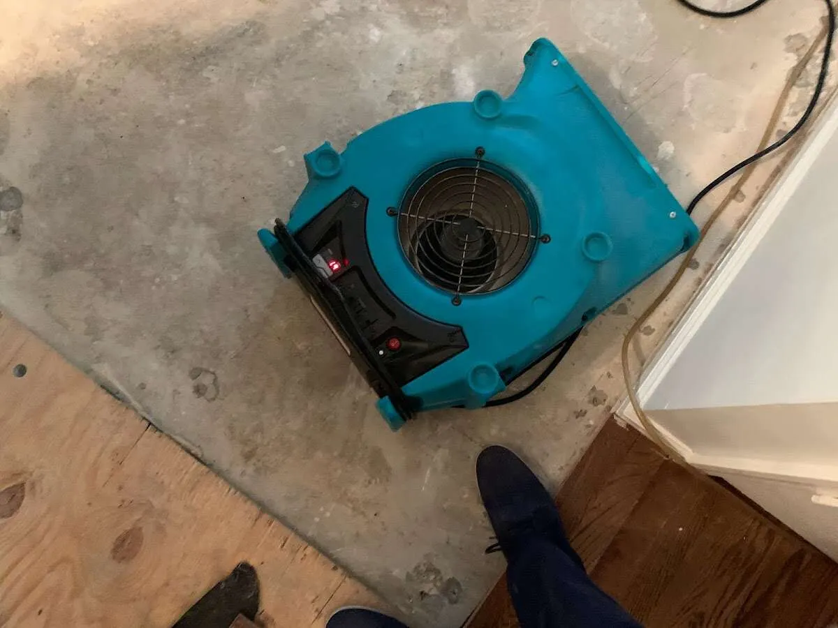 Air mover drying subfloor during Commercial Water Damage Restoration in Orleans